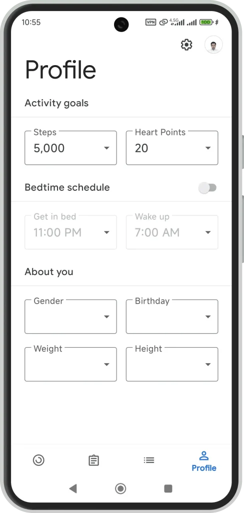 پروفایل و هدف در Google Fit